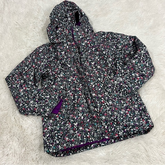 Columbia Hooded Girls purple pink print Omniheat lined Waterproof Jacket Large - Picture 13 of 13